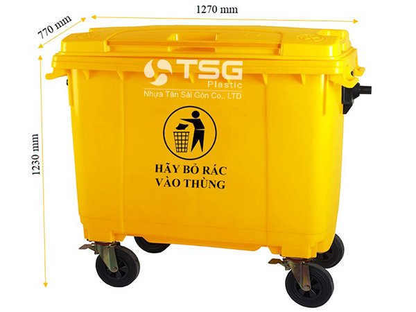 Kích thước thùng rác nhựa 660L màu vàng
